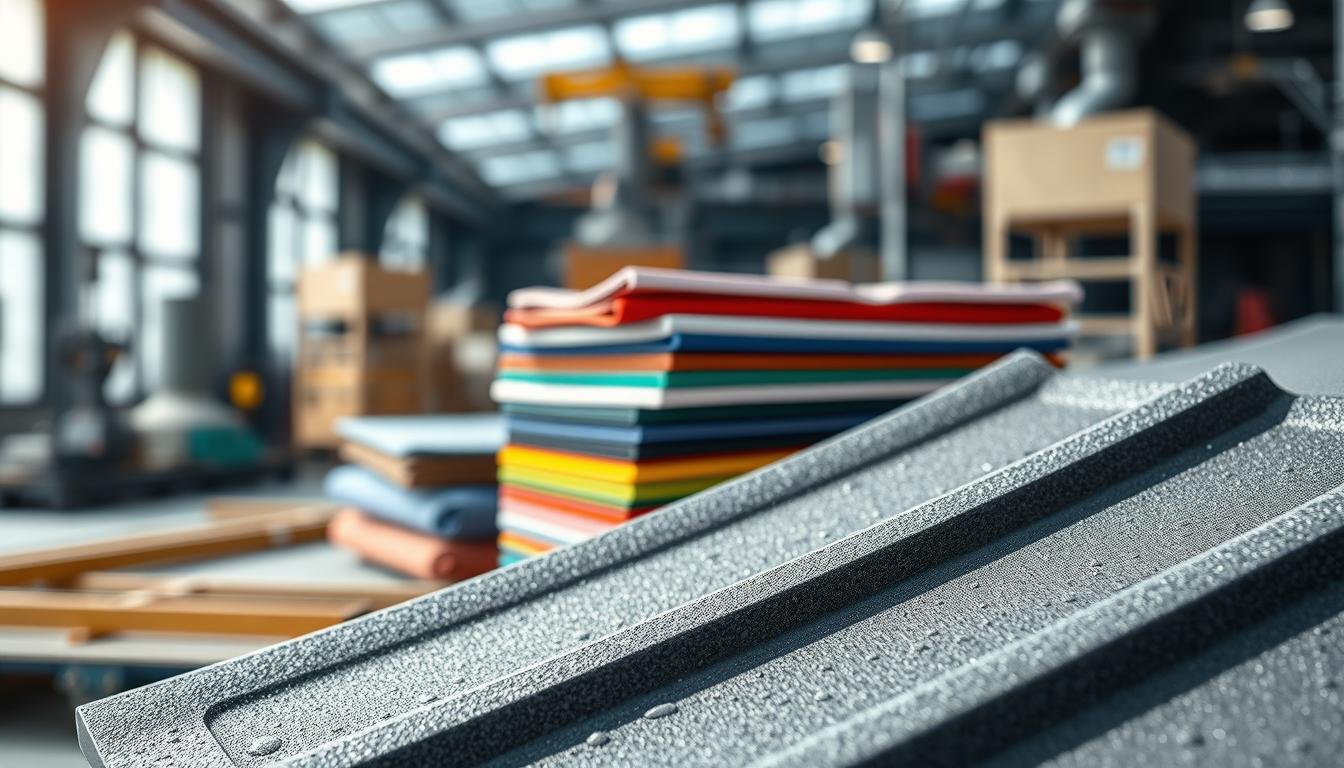 A detailed scene showcasing an array of flat roofing sheets specifically from VULCAN Plastics, artistically arranged in a well-lit, professional setting. In the foreground, focus on a close-up of the textured surface of the roofing sheets, highlighting their durability and impact resistance, with a soft reflection of light depicting their high-quality finish. In the middle ground, display a stack of various colored sheets, exhibiting their flexible yet robust properties, with subtle water droplets suggesting weather resilience. The background features a blurred industrial environment, evoking a sense of reliability and practicality. The lighting is bright and natural, emphasizing clarity and detail in the materials. The overall mood is one of professionalism and innovation, aligning with the superior quality associated with VULCAN Plastics.