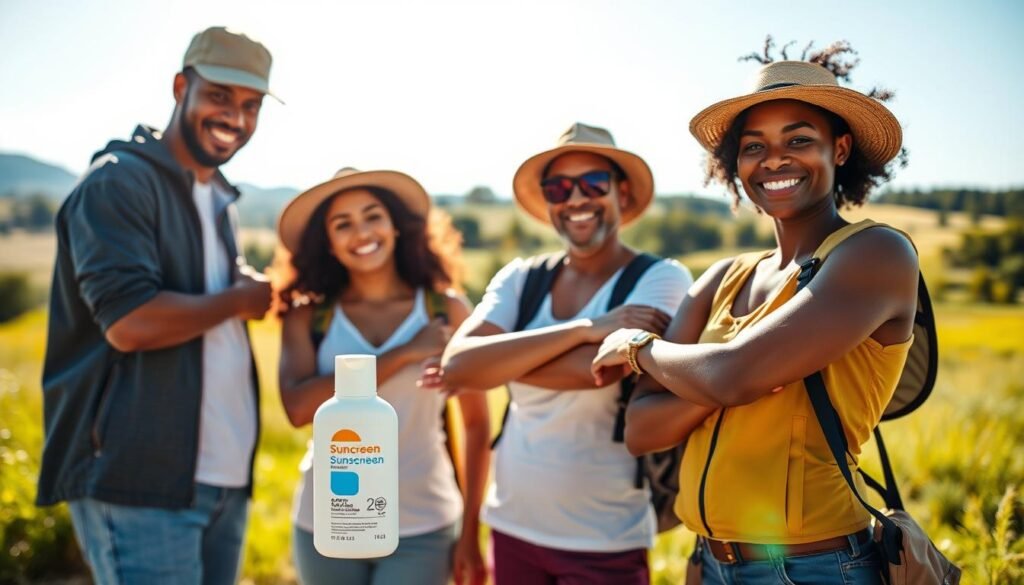 A professional setting in a sunlit outdoor environment showcasing a diverse group of individuals applying high-performance sunscreen products. In the foreground, display a beautifully designed bottle of sunscreen with an emphasis on its resilience and long-lasting formula. In the middle ground, individuals of varying ethnicities, dressed in practical outdoor attire, are seen demonstrating the correct application of sunscreen on their arms and faces. The background features a sunny, lush landscape with distant trees and a clear blue sky, conveying a sense of summer training and outdoor activity. The scene is bright and vibrant, highlighting both the product and the importance of sun protection in an engaging, informative atmosphere. Soft shadows and warm lighting enhance the inviting feel of the image.
