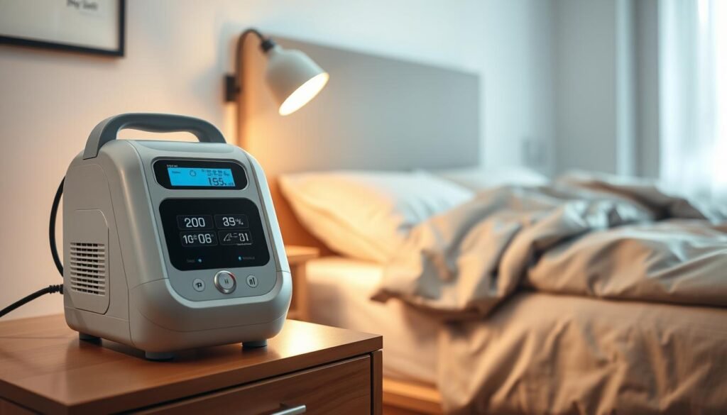 A sleek, modern sleep apnea machine prominently displayed in a well-lit, clinical environment. In the foreground, the device features a digital interface with clear buttons and a visible pressure gauge, reflecting its advanced technology. In the middle ground, a bedside table holds the machine beside a comfortable, neatly made bed equipped with high-quality bedding. The soft glow of a bedside lamp creates a warm ambiance, highlighting the atmosphere of rest and tranquility. In the background, a tranquil bedroom scene is visible, with neutral colors and minimalistic décor to evoke serenity. The overall mood is calming and reassuring, ideal for illustrating the concept of sleep therapy technology. The image should be high-resolution with a focus on realism.