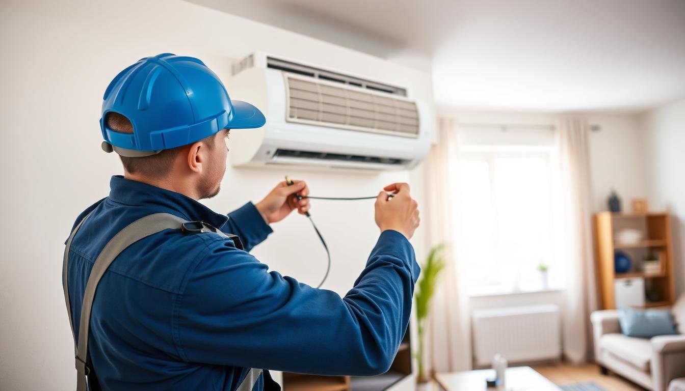 A professional technician installing a split-type air conditioner in a modern residential setting. In the foreground, the technician, dressed in a blue uniform and safety gear, is carefully connecting electrical wires to the indoor unit mounted on a wall. The middle ground features the sleek air conditioning unit, highlighting its design and installation components, while in the background, a window provides natural light, enhancing the atmosphere of a well-lit and organized space. The room incorporates neutral colors, furniture minimally cluttered, emphasizing a clean and professional look. The overall mood is efficient and focused, capturing the technical intricacies of the installation process without any text or distractions.
