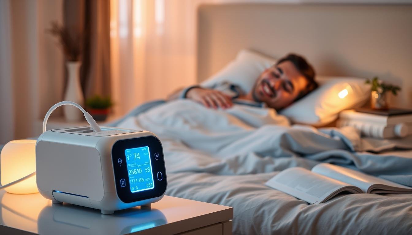 A serene bedroom setting featuring a modern sleep apnea machine placed on a bedside table. In the foreground, the sleep machine has a soft blue glow, highlighting its high-tech design with clear screens displaying various metrics. The middle ground includes a peaceful sleeping person, a middle-aged male, wearing comfortable sleep attire, his face relaxed with a gentle smile, representing restful sleep. The background shows soft, warm lighting filtering through sheer curtains, creating a calming atmosphere. Decor elements like a small plant and a book on wellness are present, enhancing the mood of tranquility and health. The room is decorated in soft, soothing colors, promoting an environment conducive to relaxation and healing.