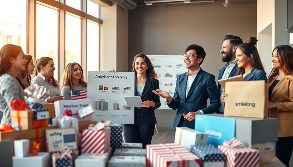 A stylish, modern office setting showcasing a professional businesswoman in smart casual attire, enthusiastically discussing American shopping and shipping options with a diverse group of colleagues. In the foreground, vibrant displays of popular American brands, elegant packaging, and shipping materials symbolize the novelty of U.S. purchasing. The middle ground features a sleek presentation board with graphics of shipping methods and brand logos, creating an engaging atmosphere. The background reveals a minimalist office design with large windows allowing warm, natural light to fill the room, enhancing the inviting ambiance. The focus is on collaboration and trust, with smiles and positive expressions, illustrating how "smilelong" stands out as a reliable brand for American purchases.