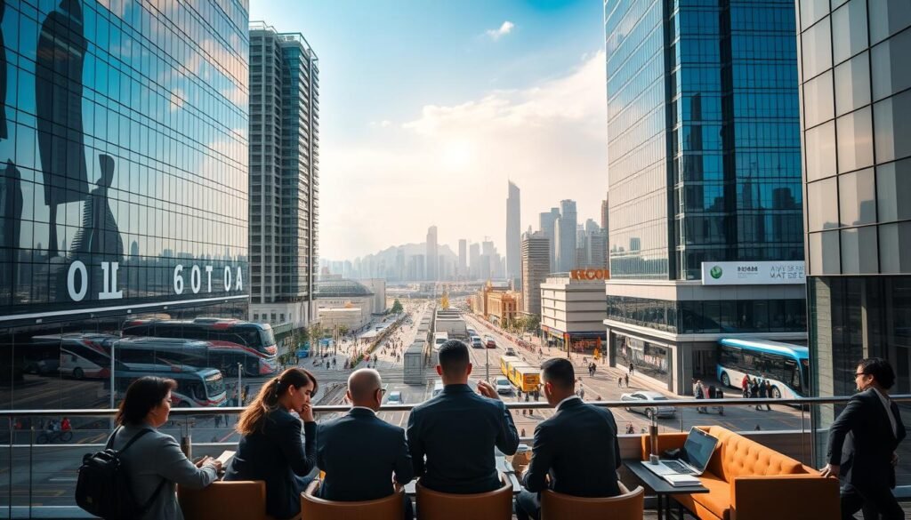 A bustling modern office environment in Kowloon, showcasing high-rise office buildings with sleek glass facades reflecting urban energy. In the foreground, a diverse group of professionals in smart business attire discuss and collaborate around a contemporary coffee table, with laptops and documents spread out. In the middle ground, the busy streets of Kwun Tong and Kowloon Bay are visible, filled with people and modern public transport, indicating connectivity and vibrancy. The background features iconic city skylines with a clear blue sky above, bathed in warm, natural daylight, enhancing the scene's optimism. The atmosphere is dynamic and professional, embodying innovation and collaboration in a thriving business district.