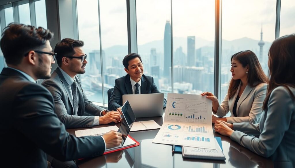 A professional business setting in Hong Kong, showcasing a modern office interior. In the foreground, a diverse group of four business professionals, dressed in smart business attire, are engaged in a discussion around a table. One individual is presenting a visual document outlining a business model and funding sources, with charts and graphs visible. In the middle, a sleek laptop and notebooks are spread out, conveying an atmosphere of collaboration and strategic planning. The background features a panoramic view of the Hong Kong skyline through large glass windows, illuminated by soft natural light, creating a vibrant yet focused ambiance. The image emphasizes professionalism, clarity, and the importance of detailed financial planning in a corporate context.