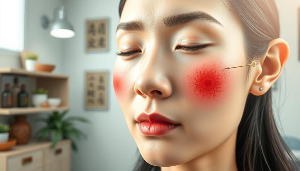 A detailed illustration depicting the concept of rosacea in traditional Chinese medicine, focusing on the "butterfly area" of the face, with visible redness and capillary expansion. In the foreground, show a close-up of a carefully rendered face featuring soft, realistic skin tones, slight redness centered around the nose and cheeks, symbolizing rosacea's effects. In the middle ground, include elements like traditional Chinese herbal remedies and acupuncture needles, implying treatment techniques. The background should feature a calm, serene clinic environment with soft lighting, enhancing the overall soothing atmosphere. Use a shallow depth of field to emphasize the face while softly blurring the background, creating a sense of intimacy and professionalism in the setting. Aim for a holistic and educational mood.
