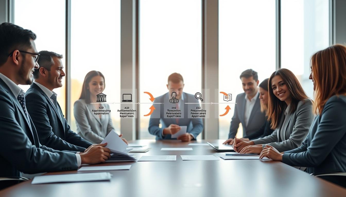 A professional business setting illustrating the application process for a new capital investor immigration program. In the foreground, a diverse group of individuals in professional attire, sitting around a conference table, collaborating and discussing documents. In the middle, a large chart displaying steps of the application process, with arrows and icons symbolizing approval stages. The background features a modern office with large windows letting in natural light, casting a warm glow on the scene. The atmosphere is focused and organized, conveying a sense of professionalism and clarity. Soft lighting enhances the collaborative mood, while the angle captures the engagement of the participants.