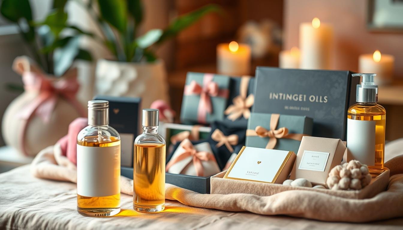 A serene and inviting scene showcasing a well-arranged display of various stylish intimate products alongside elegant massage oils. In the foreground, soft-focus glass bottles of massage oil glimmer gently in warm, natural light, while plush, colorful items designed for intimacy are artfully showcased on a delicate fabric surface. The middle layer reveals beautifully designed boxes and accessories, emphasizing their textures and colors to evoke curiosity and warmth. In the background, a soothing ambiance is created with soft greenery and dimly lit candles, suggesting a cozy, relaxing space. The overall mood is gentle and inviting, capturing a sense of intimacy and care, making it appealing for those considering how to enhance their intimate experiences. The composition should have a soft focus to evoke tranquility.